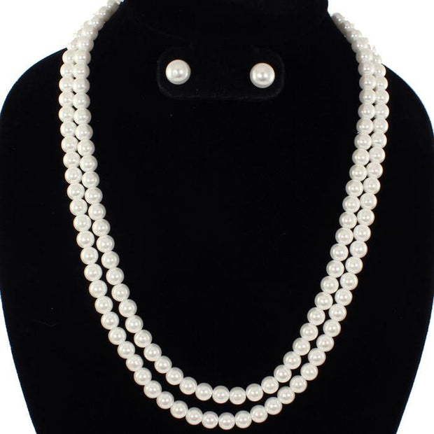 White Double Strand Pearl Necklace Set - Medium