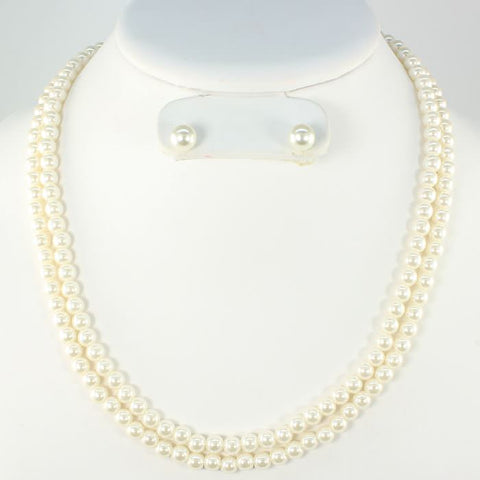 Beige Double Strand Pearl Necklace Set