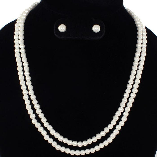 White Double Strand Pearl Necklace Set