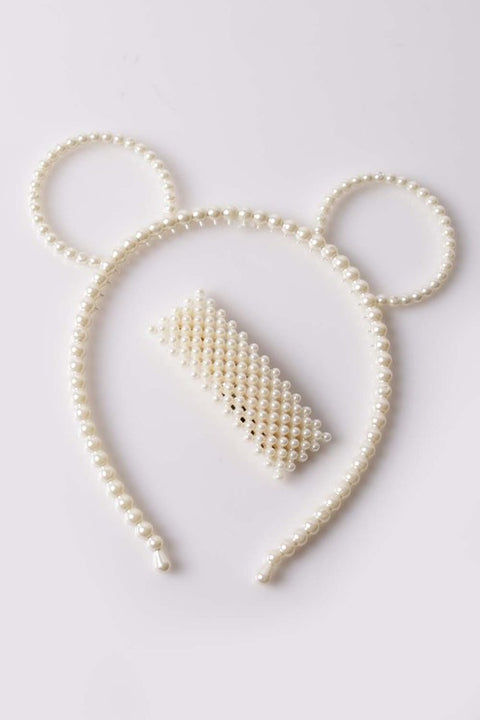 Pearl Bear Ears Headband & Hair Clip Set