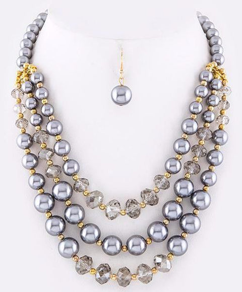Grey Tri Pearl Necklace Set