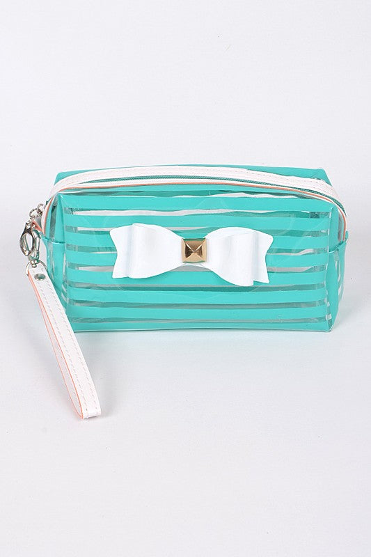 Mint Ribbon Striped Cosmetic Pouch