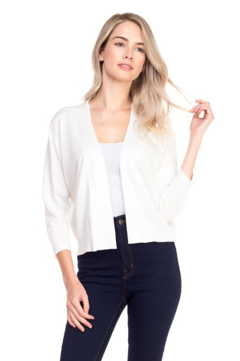White Ribbed Streamline Bolero - 3/4 Sleeve