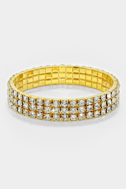 Gold Three Row Rhinestone Bracelet