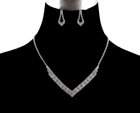 Silver Rhinestone V Necklace Set